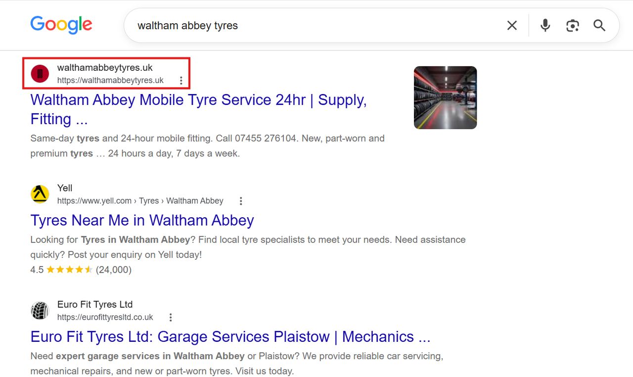 Google search result showing Waltham Abbey Tyres ranking number 1 within 4 weeks after a Hertfordshire web design and local SEO build