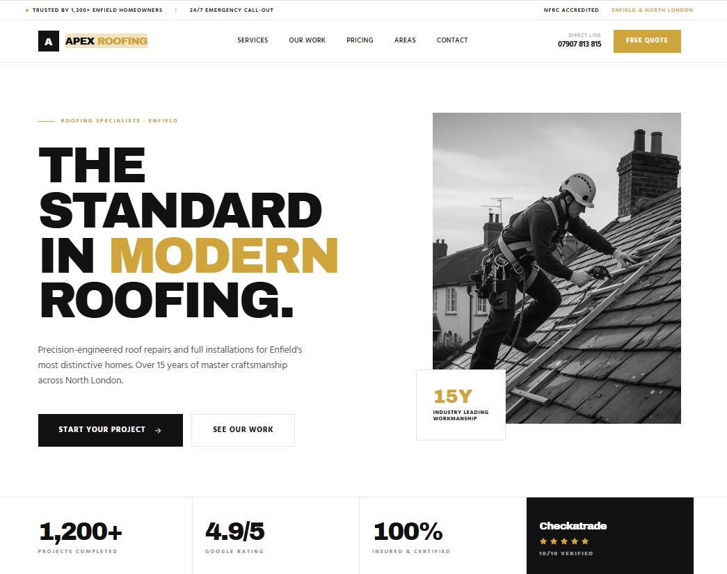 Apex Roofing Solutions roofing company website designed to convert organic Google traffic into quote requests