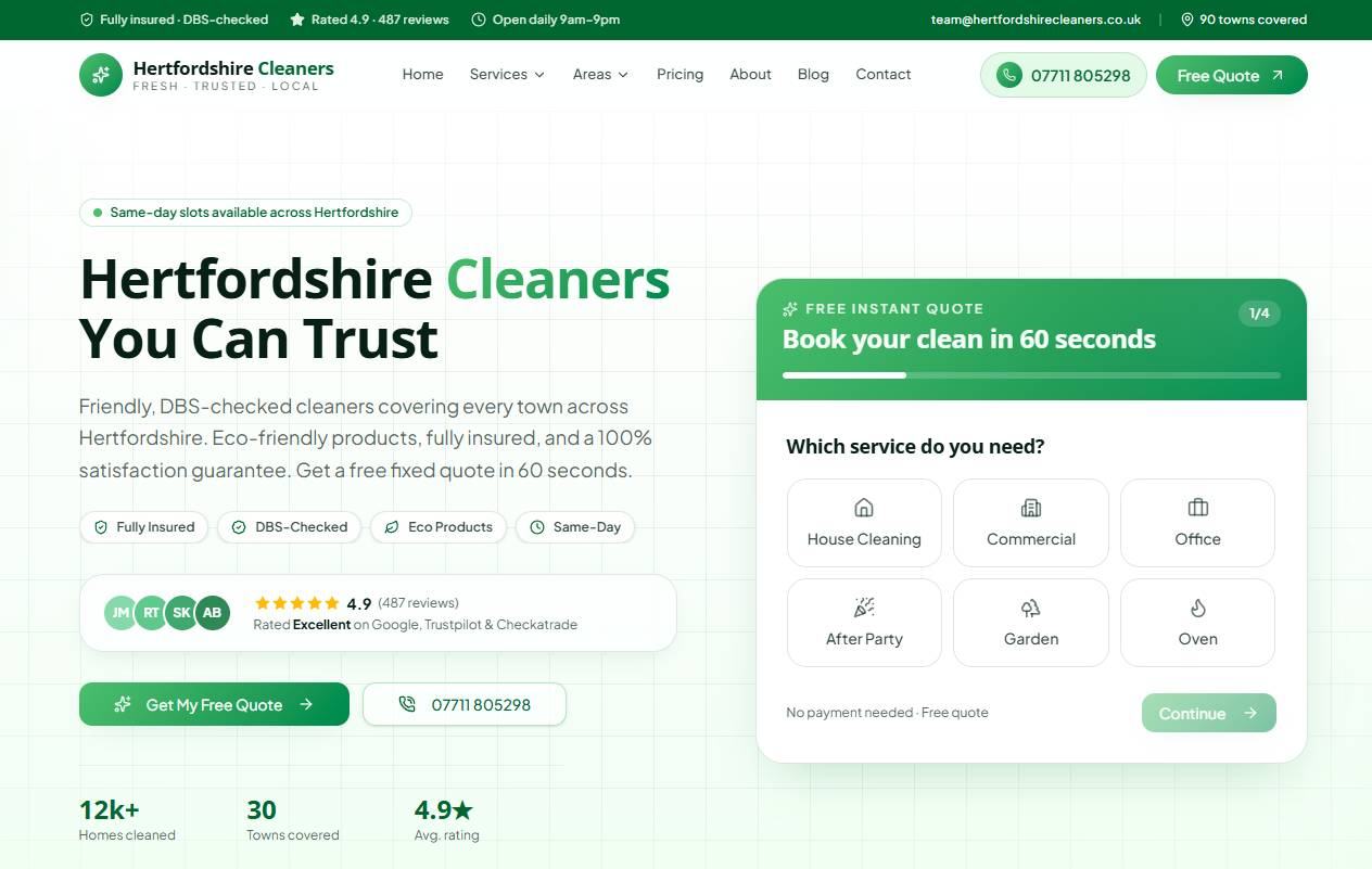 Hertfordshire Cleaners website homepage, a custom Hertfordshire web design build with a 40+ page town cluster for local SEO