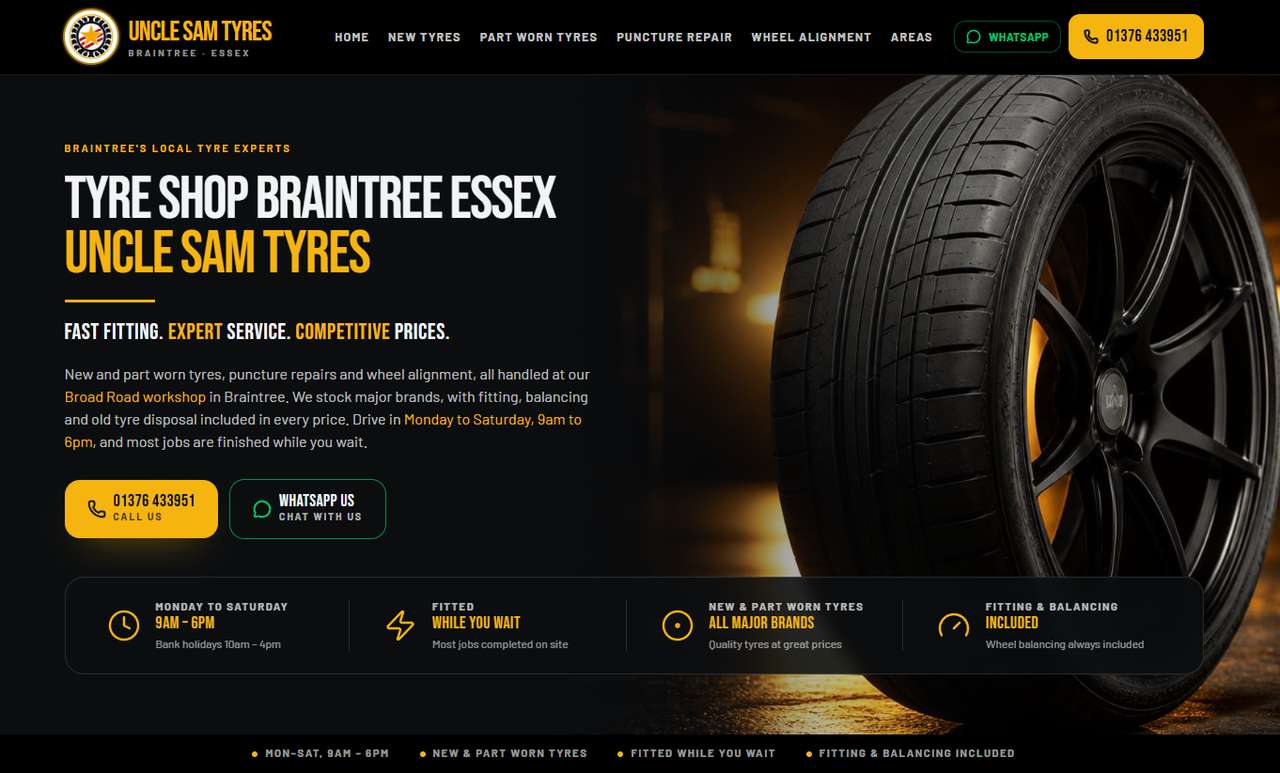 Uncle Sam Tyres tyre shop website built with a local town page cluster for local SEO and map pack rankings