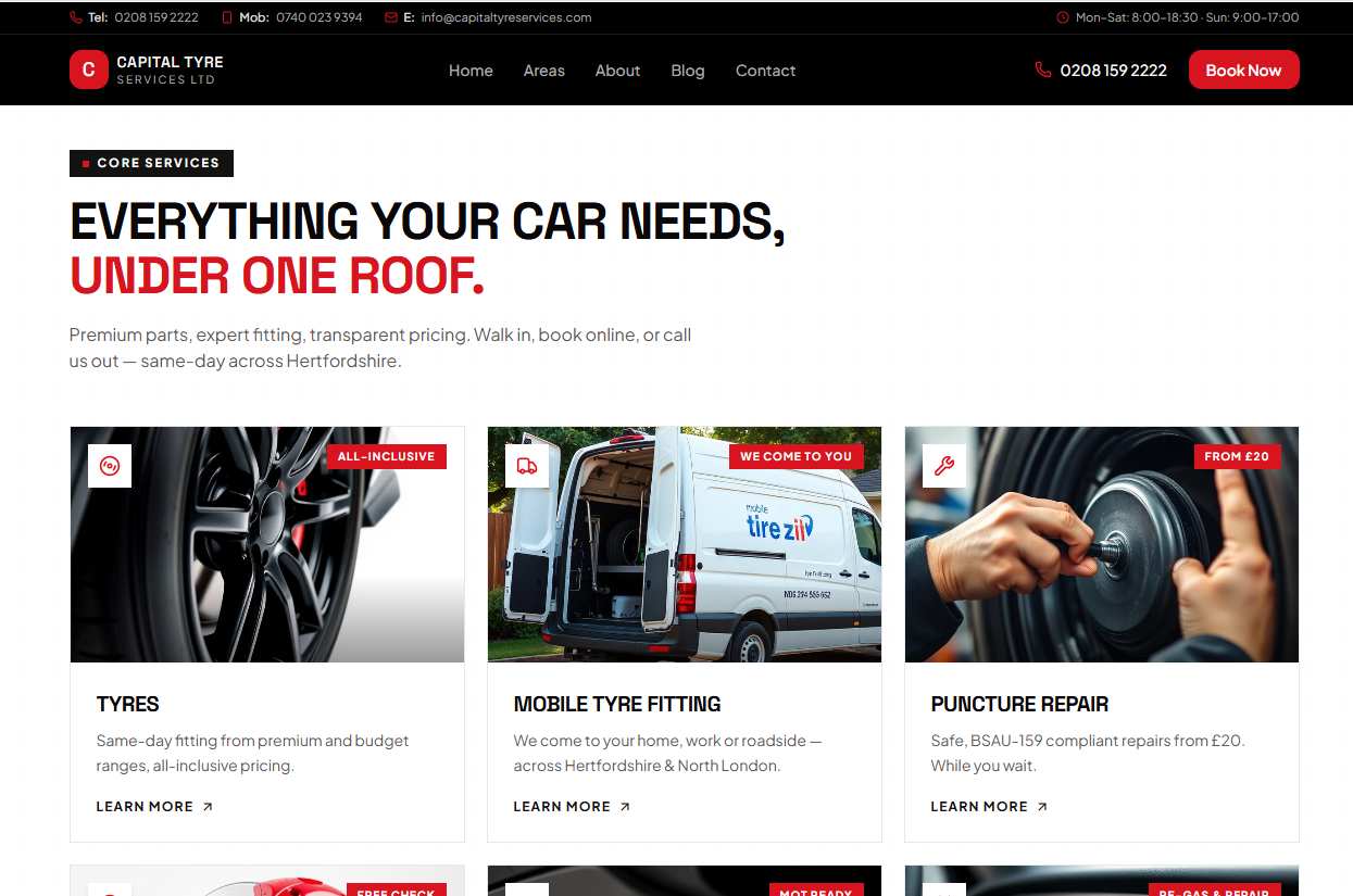 Capital Tyre Services Hertfordshire garage website with service and town pages built to rank on Google