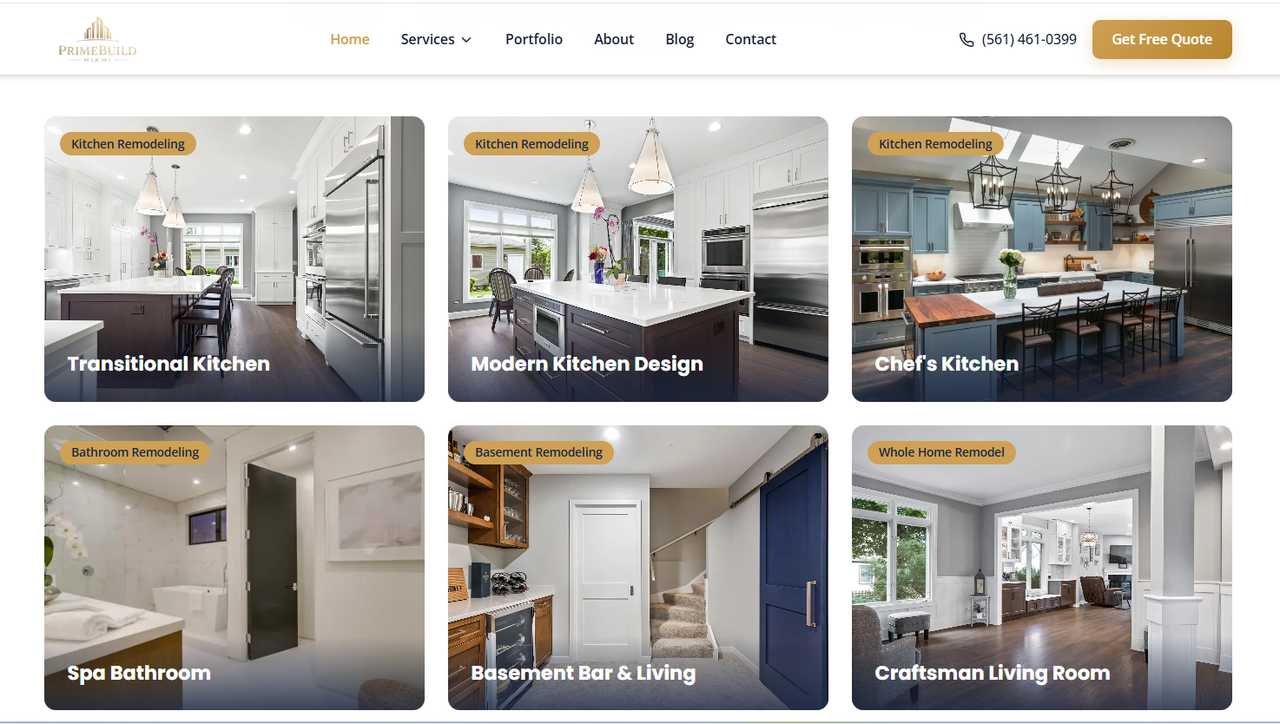 PrimeBuild Miami home remodeling website, a fully custom coded portfolio-led build by Get Herts Web Design