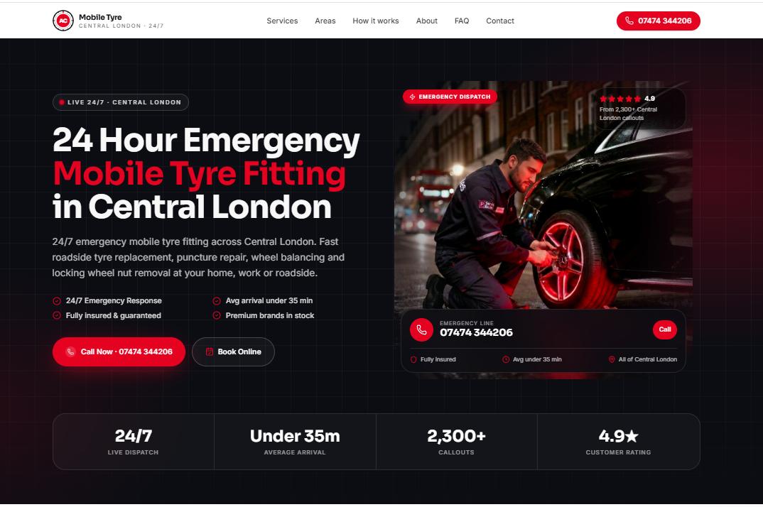 AC Mobile Tyre mobile tyre fitting website designed by Get Herts Web Design with 24/7 call-first lead capture