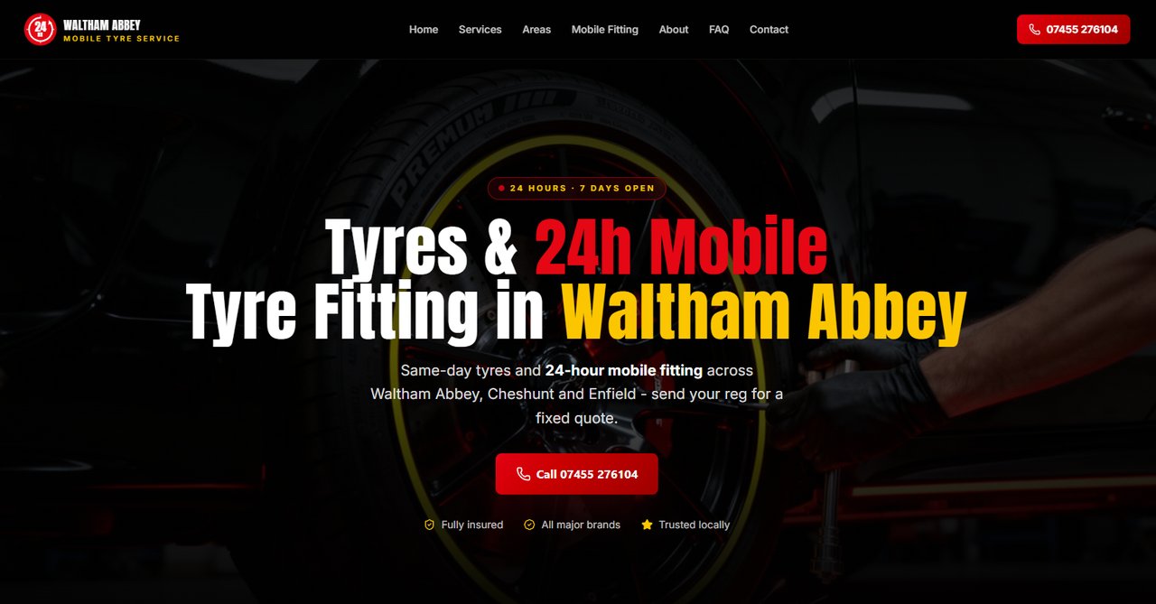 Waltham Abbey Tyres 24hr website homepage ranking number 1 on Google after a Herts web design and local SEO build